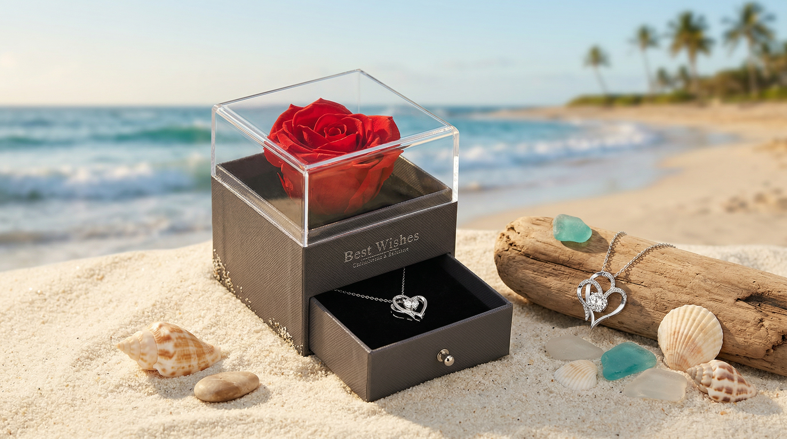 Rose Box & Heart Necklace Gift Set
