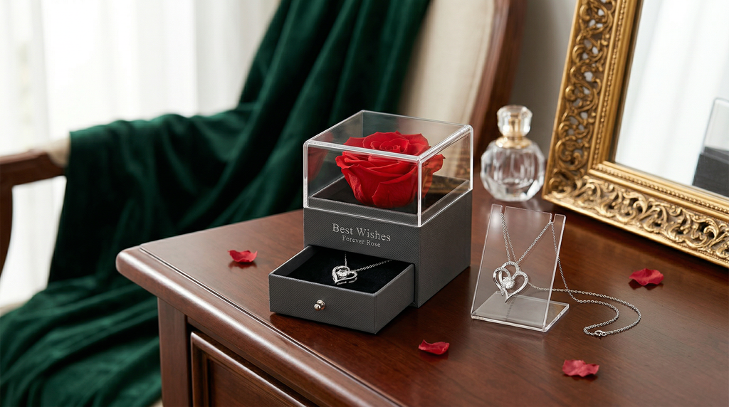 Rose Box & Heart Necklace Gift Set